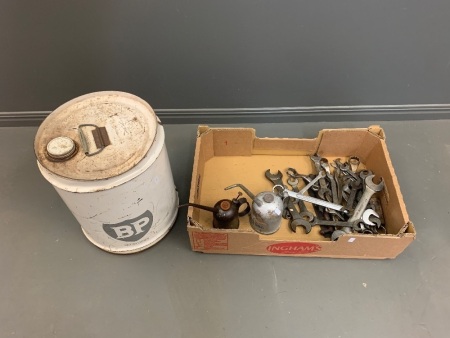 Garage Box inc. 20lt BP Tin, 2 Oil Cans + Asstd Spanners