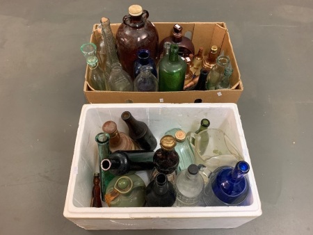 Large Lot of Asstd Bottles and Ceramic Flasks - 2 Boxes