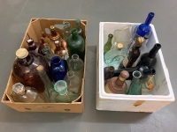 Large Lot of Asstd Bottles and Ceramic Flasks - 2 Boxes - 2