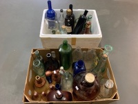 Large Lot of Asstd Bottles and Ceramic Flasks - 2 Boxes - 4