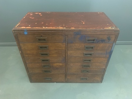 Antique 14 Drawer Campaign Chest with Original Brass Handle and Secret Locking Mechanism