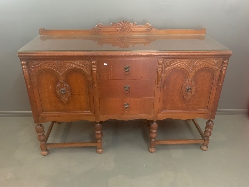 1930's Oak Sideboard with Original Brass Lions Head Handles, Glass Top & Keys