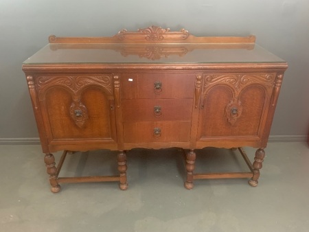 1930's Oak Sideboard with Original Brass Lions Head Handles, Glass Top & Keys