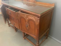 1930's Oak Sideboard with Original Brass Lions Head Handles, Glass Top & Keys - 2