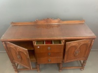 1930's Oak Sideboard with Original Brass Lions Head Handles, Glass Top & Keys - 3