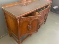 1930's Oak Sideboard with Original Brass Lions Head Handles, Glass Top & Keys - 4