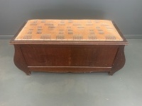 Vintage Silky Oak Framed Glory Box with Bulbous Ends and Upholstered Top