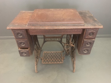 Antique Cast Iron Base Singer Sewer Table with Drawers - No Machine