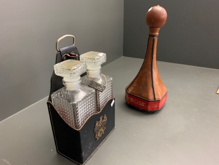 2 Decanters in Leather Case + Leather Covered Decanter