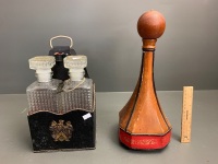 2 Decanters in Leather Case + Leather Covered Decanter - 3
