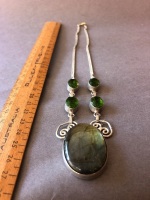 Sterling Silver, Labrodite and Green Crystal Pendant - 4