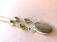 Sterling Silver, Labrodite and Green Crystal Pendant - 5