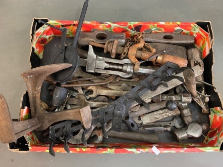 Large Collectors Box Lot of Vintage Tools inc.Wrenches, Shoe Last, Hammers etc