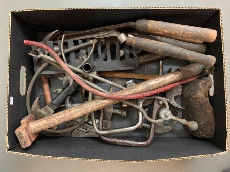 Large Collectors Box Lot of Vintage Tools inc. Hammer and Axe Heads, Drills etc