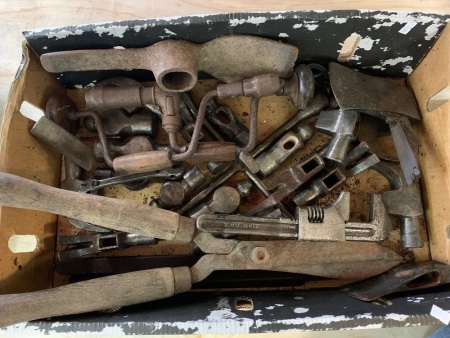 Large Collectors Box Lot of Vintage Tools inc. Hammer Heads, Adjustables, Shears Etc