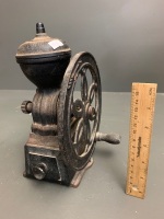 Large Vintage Cast Iron Table Top Coffee Grinder with Timber Drawer and Enamelled Shute