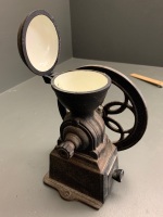 Large Vintage Cast Iron Table Top Coffee Grinder with Timber Drawer and Enamelled Shute - 4