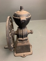 Large Vintage Cast Iron Table Top Coffee Grinder with Timber Drawer and Enamelled Shute - 5