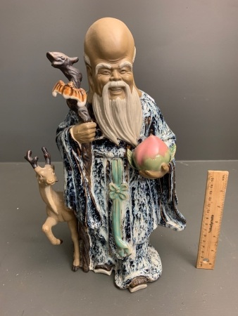 Large Mud Man Figure of Shou Xing God of Longevity with Deer - Stamped on Underside