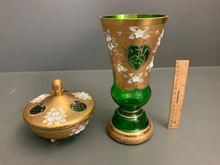 Antique Czech Bohemian Green Glass and Gilt Vase and Lidded Bowl withÂ  Applied Flower Decoration
