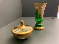 Antique Czech Bohemian Green Glass and Gilt Vase and Lidded Bowl withÂ  Applied Flower Decoration - 2