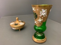 Antique Czech Bohemian Green Glass and Gilt Vase and Lidded Bowl withÂ  Applied Flower Decoration - 3