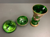 Antique Czech Bohemian Green Glass and Gilt Vase and Lidded Bowl withÂ  Applied Flower Decoration - 4