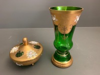 Antique Czech Bohemian Green Glass and Gilt Vase and Lidded Bowl withÂ  Applied Flower Decoration - 5