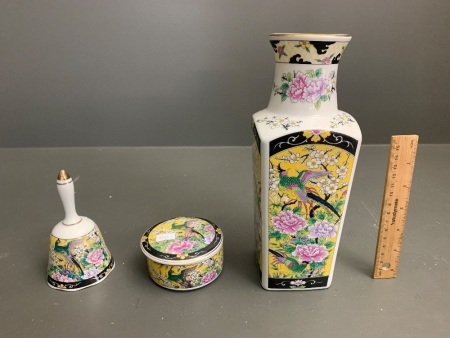 3 Pieces of Matching Japanese Porcelain - Vase, Bell & Lidded Pot