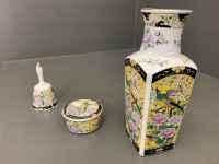 3 Pieces of Matching Japanese Porcelain - Vase, Bell & Lidded Pot - 2