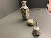 3 Pieces of Matching Japanese Porcelain - Vase, Bell & Lidded Pot - 3