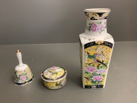 3 Pieces of Matching Japanese Porcelain - Vase, Bell & Lidded Pot - 4