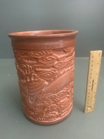 Vintage Chinese Hand Incised Terracotta Pot Depicting Dragon - Stamped to Bottom