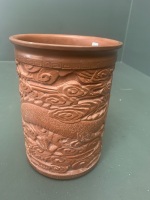 Vintage Chinese Hand Incised Terracotta Pot Depicting Dragon - Stamped to Bottom - 2