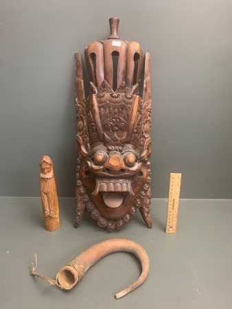 Large Carved Balinese Timber Mask, Phillipines Fertility Totam and Vintage Penis Gourd