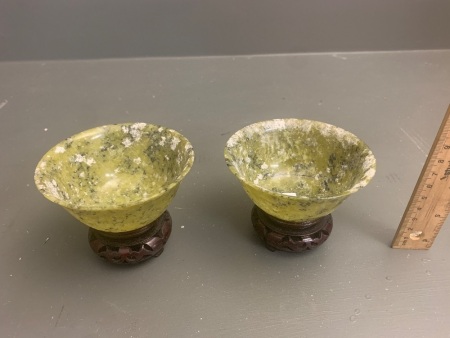 Pair of Vintage Carved Chinese Spinach Jade Bowls on Timber Stands