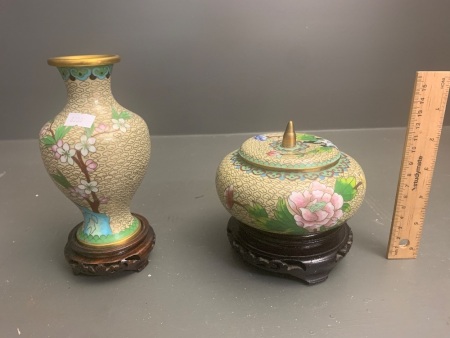 Contemporary Chinese Cloisonne Lidded Bowl and Similar Floral Vase on Wooden Stands