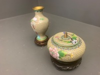 Contemporary Chinese Cloisonne Lidded Bowl and Similar Floral Vase on Wooden Stands - 2