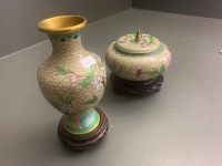 Contemporary Chinese Cloisonne Lidded Bowl and Similar Floral Vase on Wooden Stands - 3