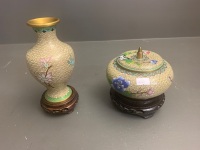 Contemporary Chinese Cloisonne Lidded Bowl and Similar Floral Vase on Wooden Stands - 4