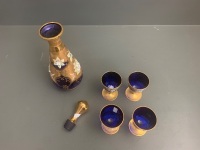 Antique Czech Boemian Cobalt Blue and Gilt Glass Decanter + 4 Glasses with Applied Flower Decoration - 4