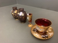 Antique Czech Bohemian Ruby Red and Gilt Glass Cup and Saucer, Liqeuer Glass + 2 Antique Italian Amethyst Glass Vases - 4