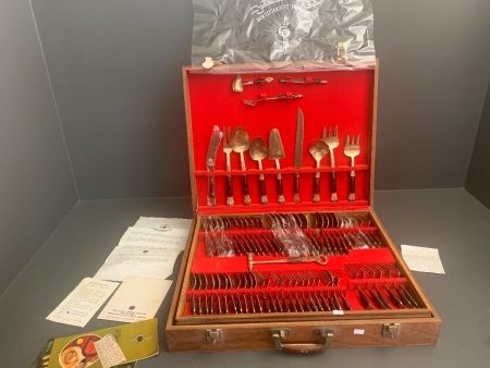 Vintage Thai Nickel Bronze 144 Piece Cutlery Set in Wooden Box with Lift Out Tray