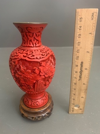 Chinese Red Cinnabar Floral Incised Vase on Timber Stand