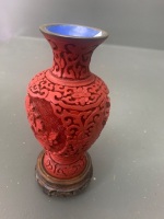 Chinese Red Cinnabar Floral Incised Vase on Timber Stand - 2