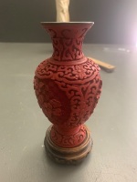 Chinese Red Cinnabar Floral Incised Vase on Timber Stand - 3