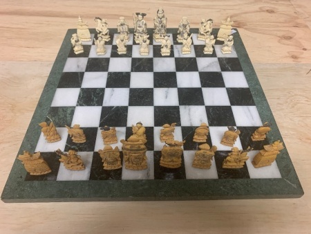 Beautifully Carved Chinese Antique Ivery Chess Set and Later Quartz/Marble Board
