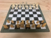 Beautifully Carved Chinese Antique Ivery Chess Set and Later Quartz/Marble Board