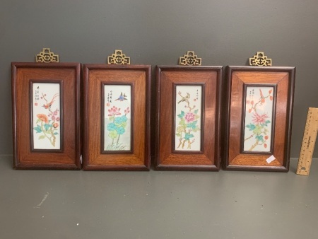 Set of 4 Vintage Chinese Hand Painted Ceramic Bird and Floral Plaques in Rosewood Frames