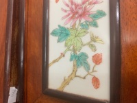 Set of 4 Vintage Chinese Hand Painted Ceramic Bird and Floral Plaques in Rosewood Frames - 2